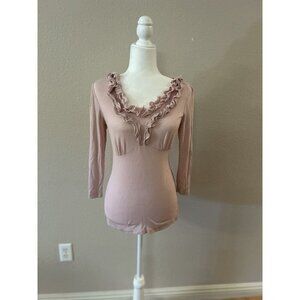 AB Studio Top Size Small Long Sleeves V-Neck Romantic Ruffles Blush Valentines